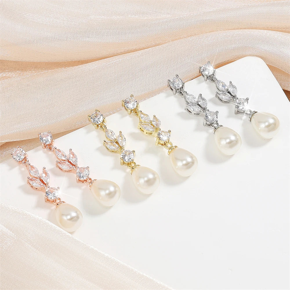 ZAKOL Classic AAA Zircon Pear Shape Imitation Pearl Drop Earrings for Women Fashion Bridal Engagement Wedding Jewelry