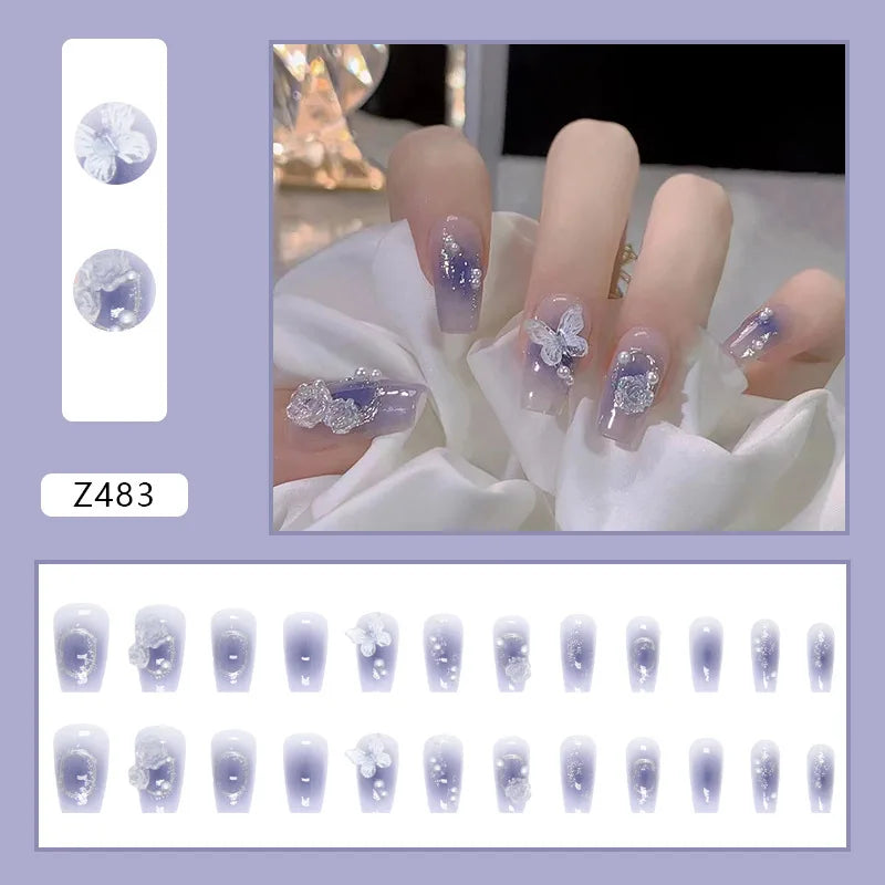 24pcs Galaxy Star Gradient Black Purple Nail Art Glitter Long Press on Nails with Charms Summer Korean Coffin False Nails Girls
