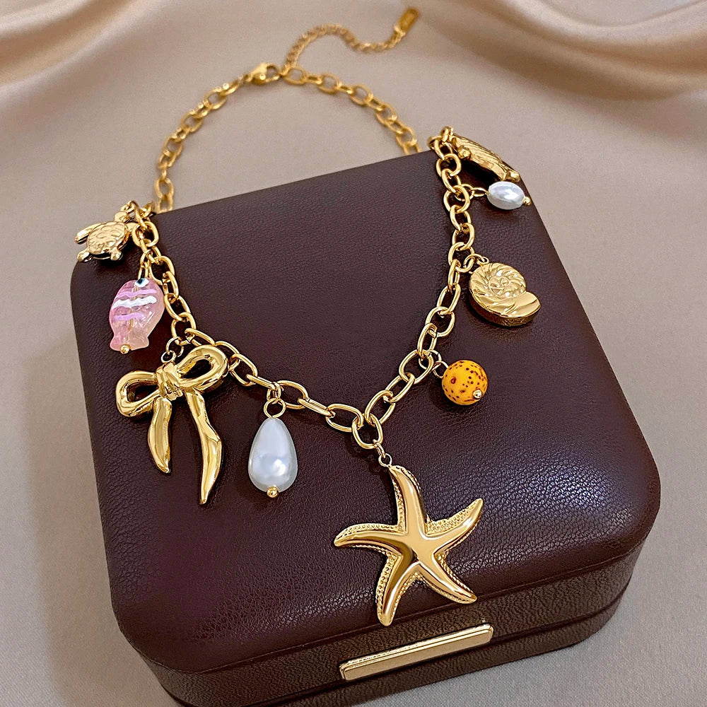 Flashbuy Beach Ocean Style Women's Necklace Sea Star Sea Turtle Sea Conch Charm Stainless Steel Necklace Waterproof Jewelry