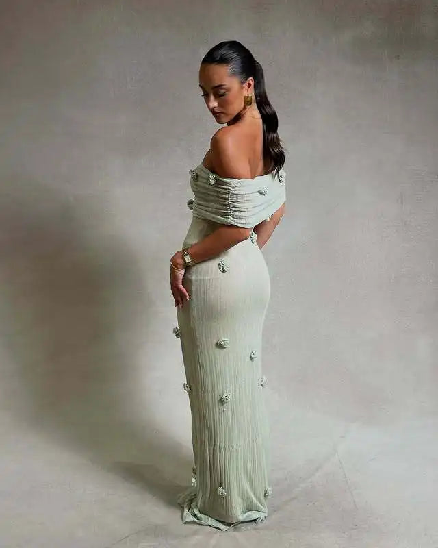 Elegant 3d Flower Off Shoulder Maxi Dress Sleeveless Perspective Pleated Slim Solid Color Robes 2026 Fashion Evening Party Gowns