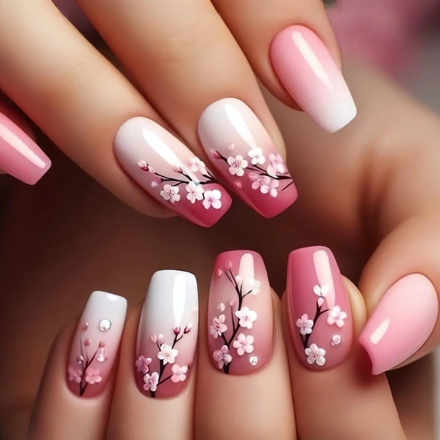 24Pcs Ladder-shaped Ballet False Nails with Glue Stripe Floral Nail Art Ombre French Press on Acrylic Nail Tips for Spice Girls