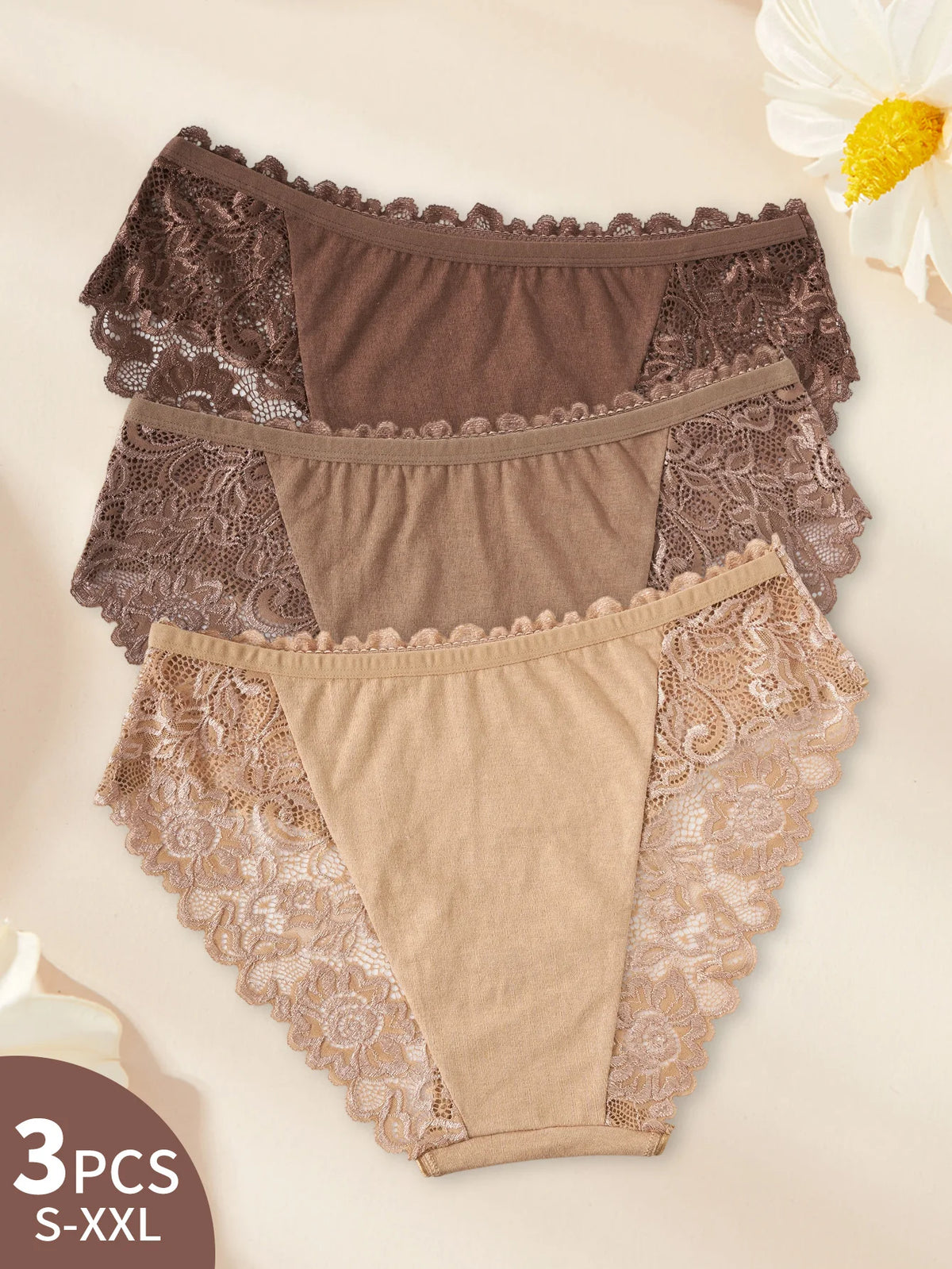 3PCS New Cotton Women's Panties Elegant Lace Floral Design Briefs Comfortable Fabric Solid Color Stylish & Breathable Underwear
