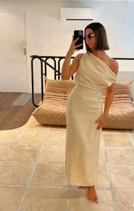 Elegant Solid One Shoulder Dresses Lady Skew Collar Waist-cinching Sleeveless Long Dress 2026 Women New Party Club Gowns
