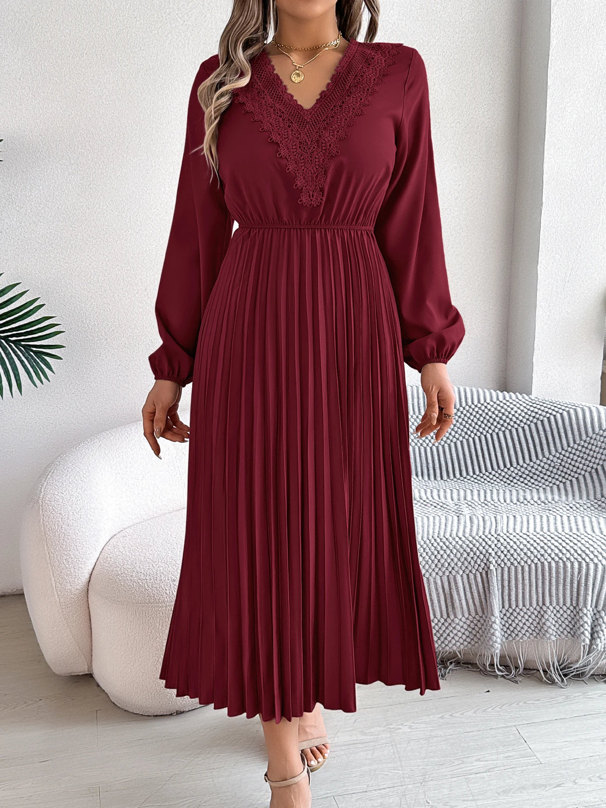 2026 Fashion Lace V Neck Lantern Long Sleeve Maxi Dress for Women Autumn Winter Casual Solid Color Pleated Dresses Khaki Red