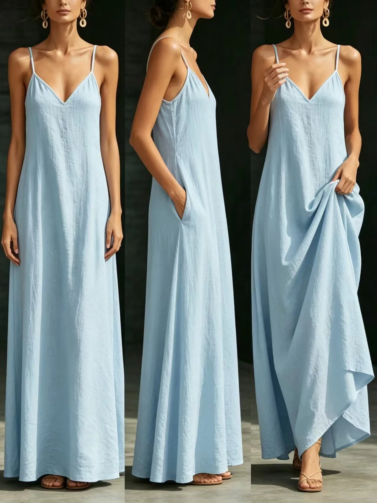 Women Linen Spaghetti Strap Maxi Dress V Neck Loose Swing Long Dress With Pockets Casual Summer Beach Vacation Sundress Ladies