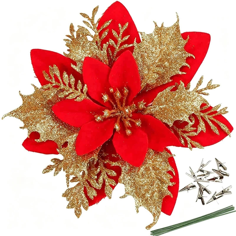 10Pcs Glitter Christmas Poinsettia Flowers,14cm/5.51in Artificial Red Gold Poinsettia Ornaments with Clips & Iron Wire,Xmas Tree