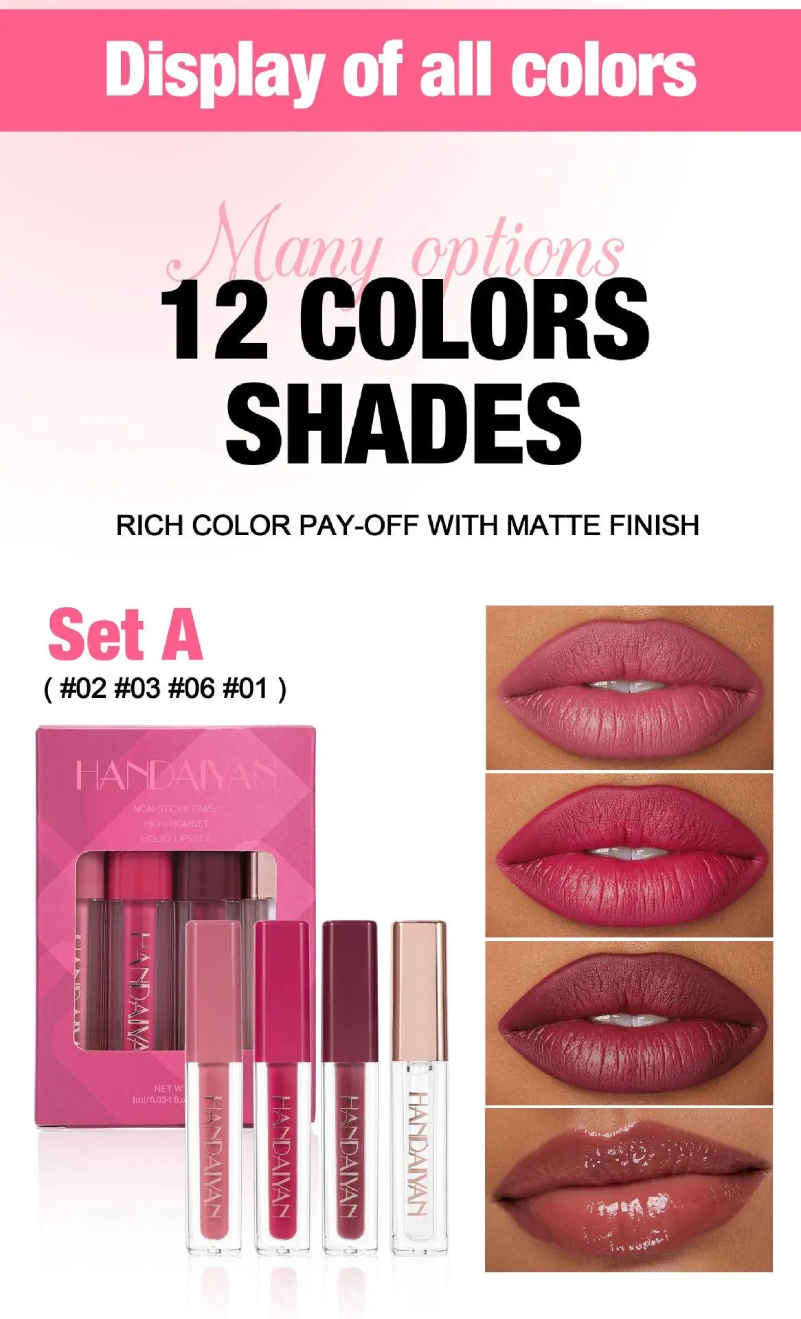 4Pcs Non-Stick Cup Matte Finish Liquid Lipstick Kit Long-Lasting Waterproof Highly Pigmented Clear Lip Gloss Set for Gift Beauty