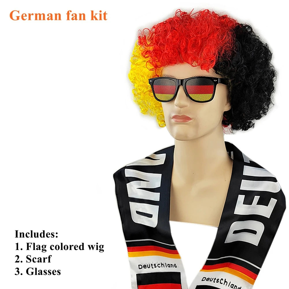 National Flag Color Explosion Wig Set - طقم باروكة مشجعين بألوان الأعلام مع وشاح ونظارات