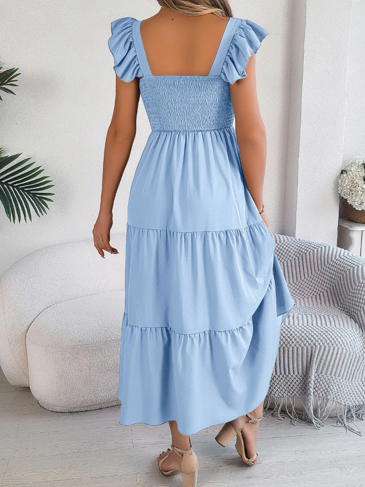 Spring Summer Solid Color Edible Tree Fungus Edge Square Neck Sleeveless Holiday Dress Elegant Long Dresses for Women Rose Blue