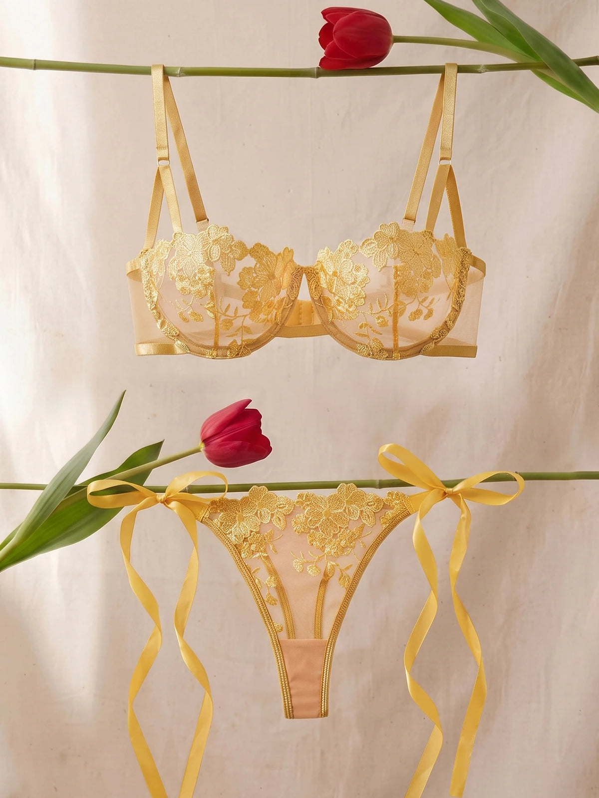 Women 2 Piece Lingerie Set Gold Floral Embroidery Sheer Mesh Balconette Bra and Panty Set Ribbon Tie Sides
