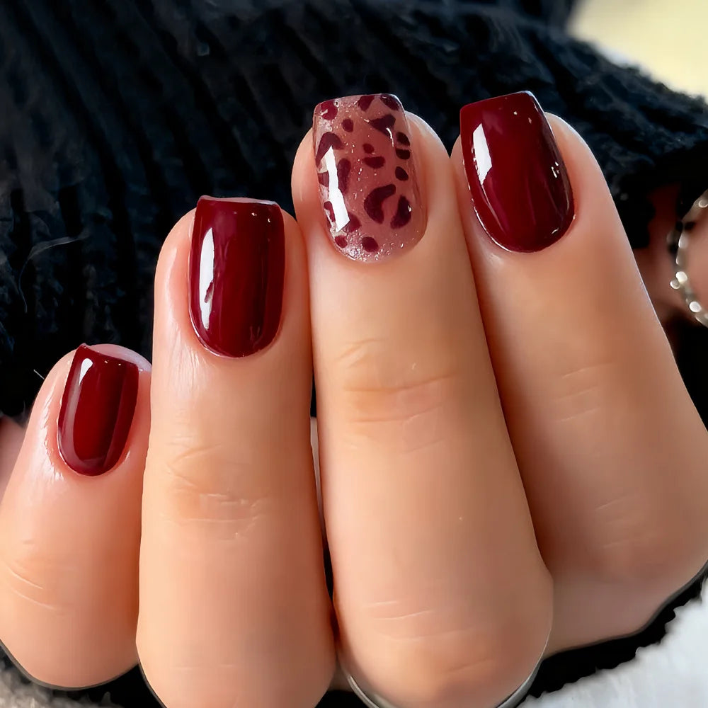 24Pcs Solid Black Short False Nails with Rose Pattern Design Ballerina Square Artificial Full Cover Press on Nail Tips for Girls