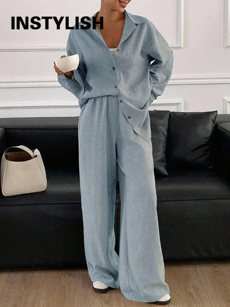 2026 New Women Linen Two Piece Outfit Set Lapel Long Sleeve Button Shirts Elastic Waist Wide Leg Pants Casual Loose Home Suit