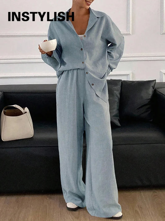2026 New Women Linen Two Piece Outfit Set Lapel Long Sleeve Button Shirts Elastic Waist Wide Leg Pants Casual Loose Home Suit