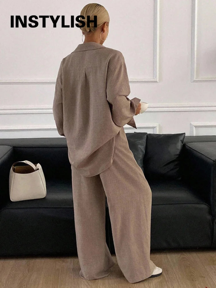 2026 New Women Linen Two Piece Outfit Set Lapel Long Sleeve Button Shirts Elastic Waist Wide Leg Pants Casual Loose Home Suit