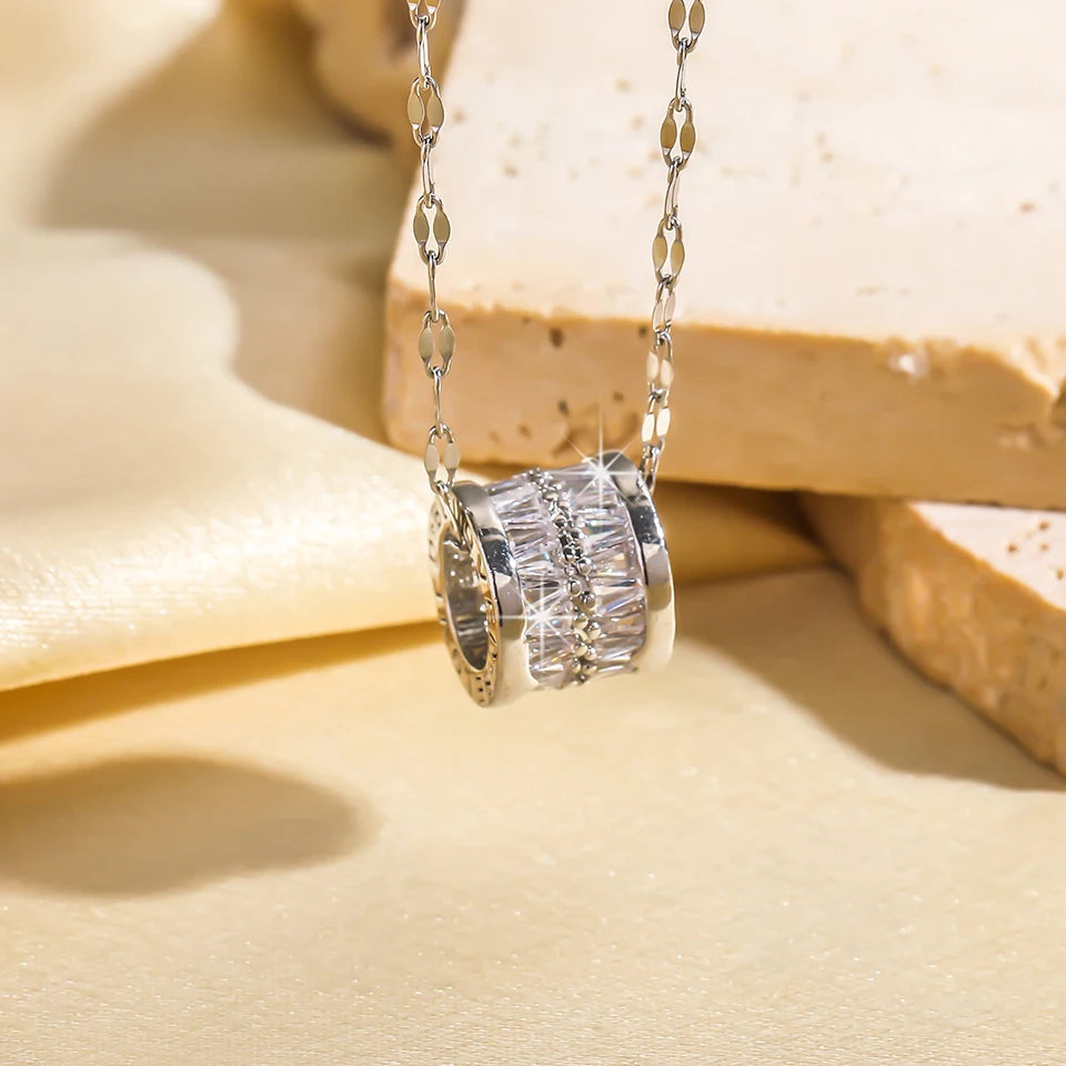 ZAKOL Y2K Stainless Steel Round Pendant Necklace For Women Girls Korea Style Beautiful Gold Color Metal Crystal Jewelry On Neck