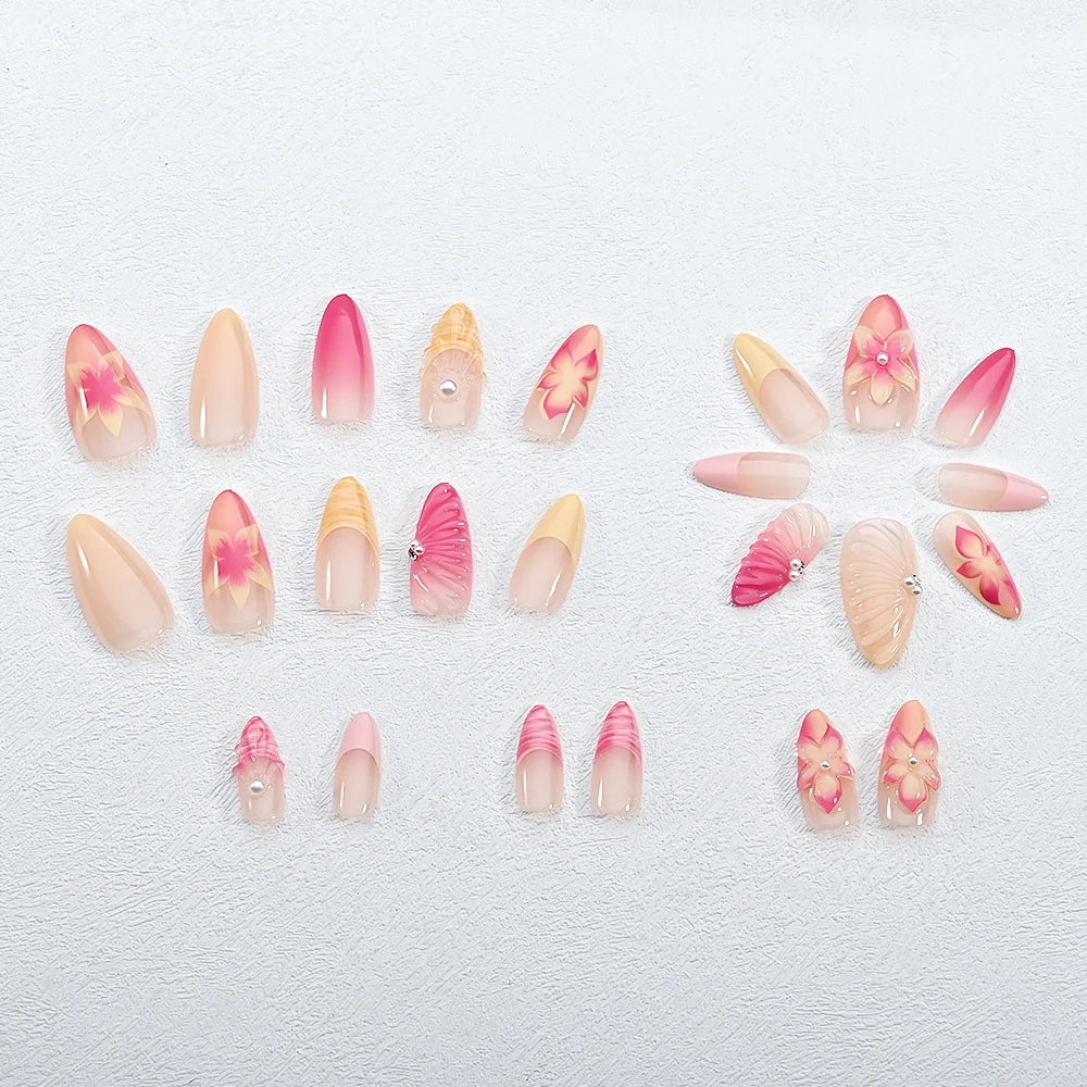 24pcs Mid-length Almond Wearable Press on Nails Gradient Pink Flower Pearl Design False Nails French Petal Fake Nails Tips
