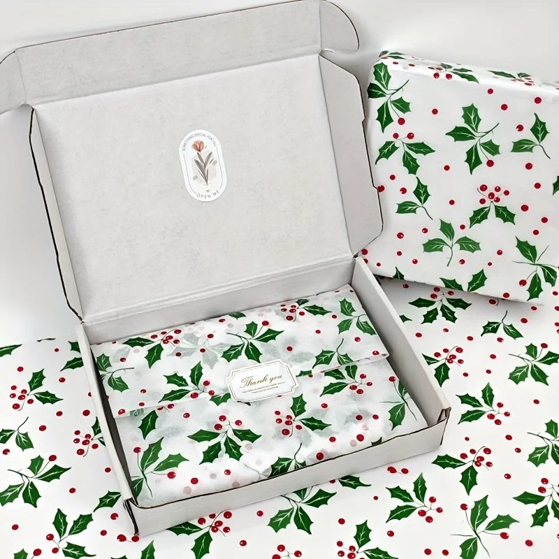 50Pcs Christmas Bouquet Paper New Christmas Tree Pattern Paper Santa Claus Wrapping Paper High Quality Holly Berry Gift Wrap