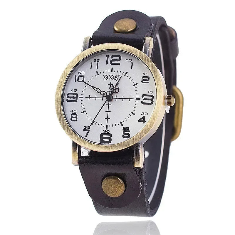 Classic vintage-style unisex watch featuring a genuine leather strap