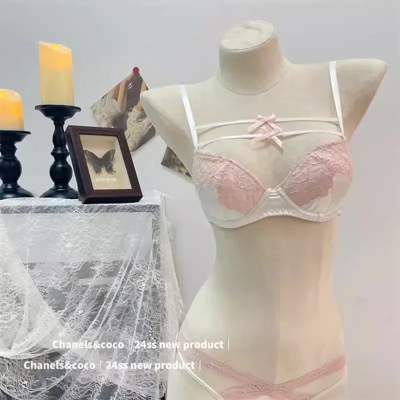 MOYISU French Lace Bralette with Bow Sweetheart Neckline Petite Bust | Natural Lift Minimalist Bra Set Sexy Yet Subtle Support