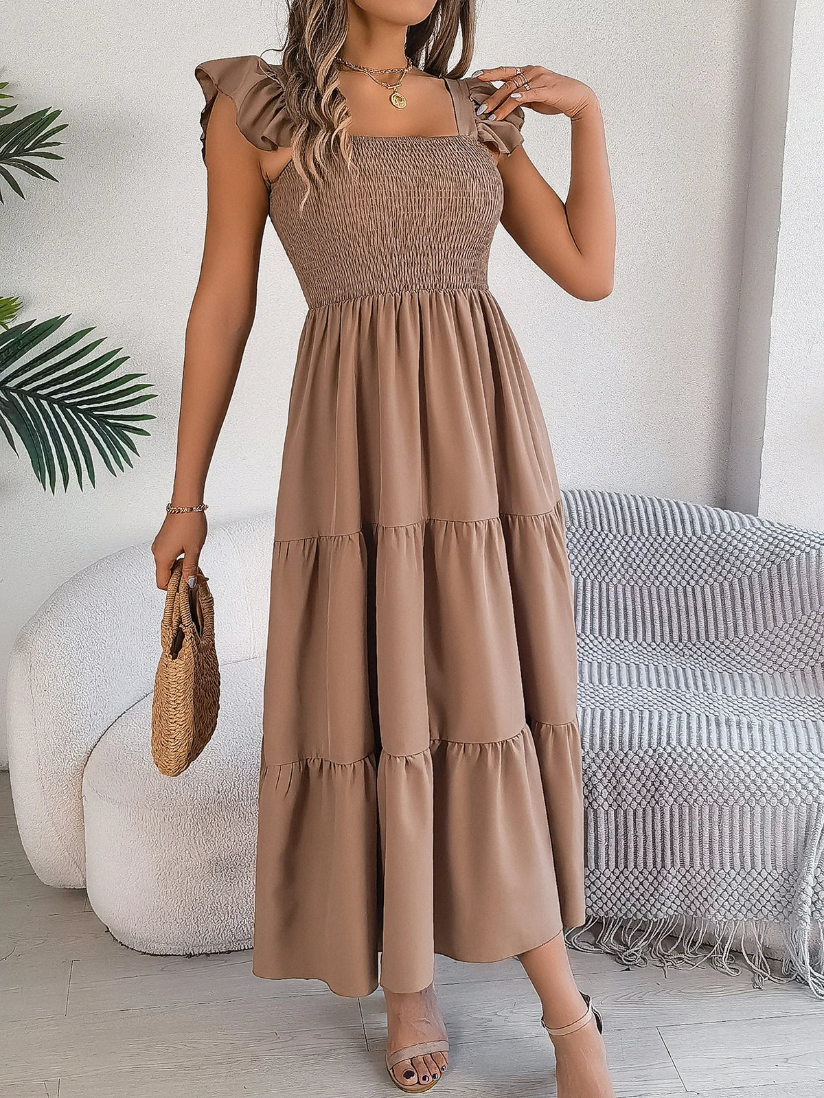 Spring Summer Solid Color Edible Tree Fungus Edge Square Neck Sleeveless Holiday Dress Elegant Long Dresses for Women Rose Blue