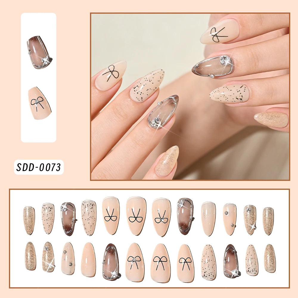 24Pcs Almond Bow Design Press on Nails French Silver Border Stripe False Nails with Pearl Shiny Rhinestone Full Cover Fake Nails