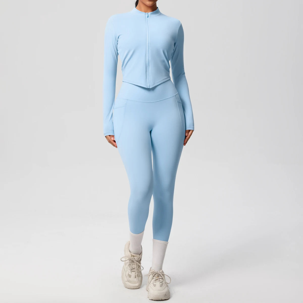 2PCS Yoga Suit Women Gym Set Leggings With Pocketed Women Tracksuit Running Zipper Workout Sportswear Long Sleeve Sports Shirt