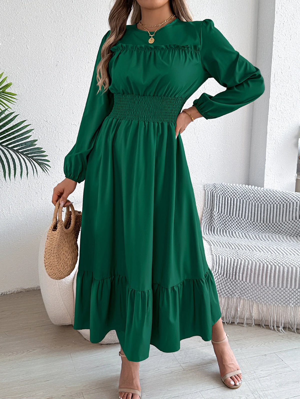 Autumn and Winter Casual Elegant Solid Color Round Neck Long Sleeved Waist Cinched Lotus Leaf Edge Dress Women Clothing