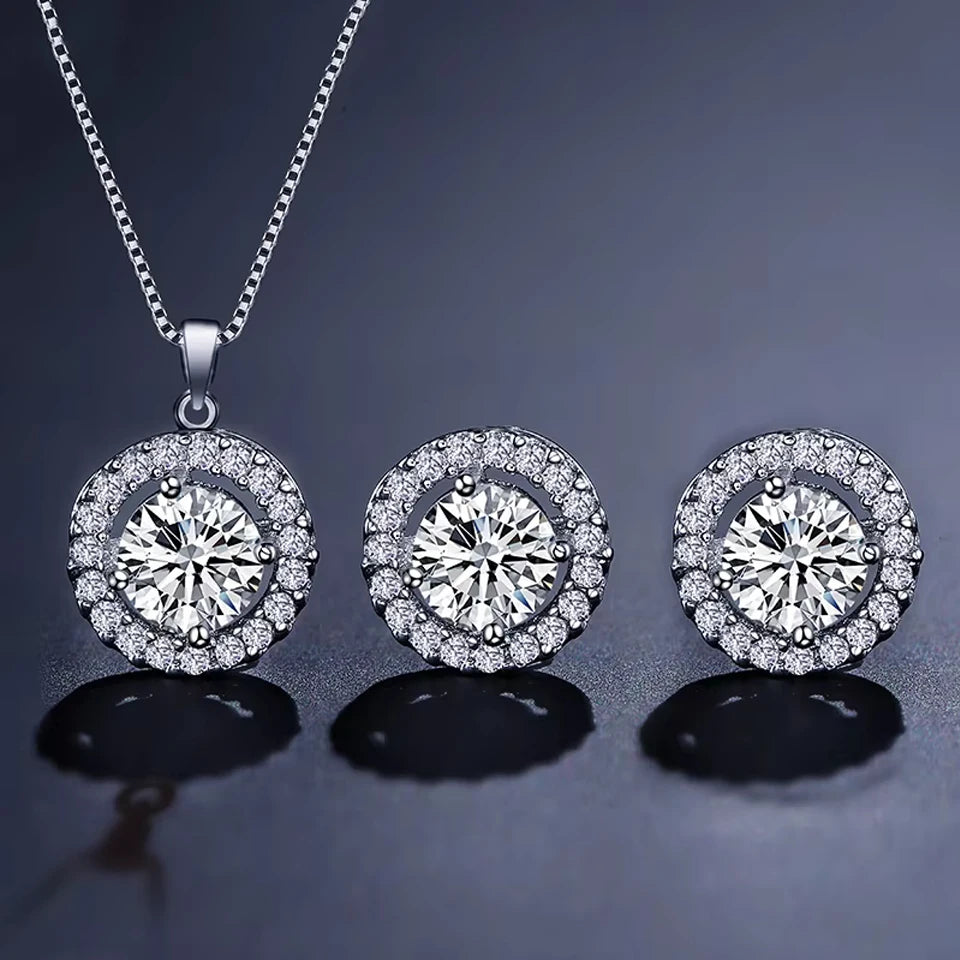 Simple Geometric Round Zircon Pendant Necklace for Women Clear  AAA Zirconia Crystal Charm Chain Necklaces Wedding Jewelry Sets