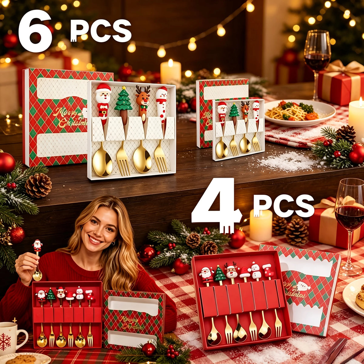 6Pcs Festive Christmas Spoon Fork Set with Gift Box,Golden Stainless Steel Coffee Tea Dessert Cutlery,Christmas Gift for Holiday
