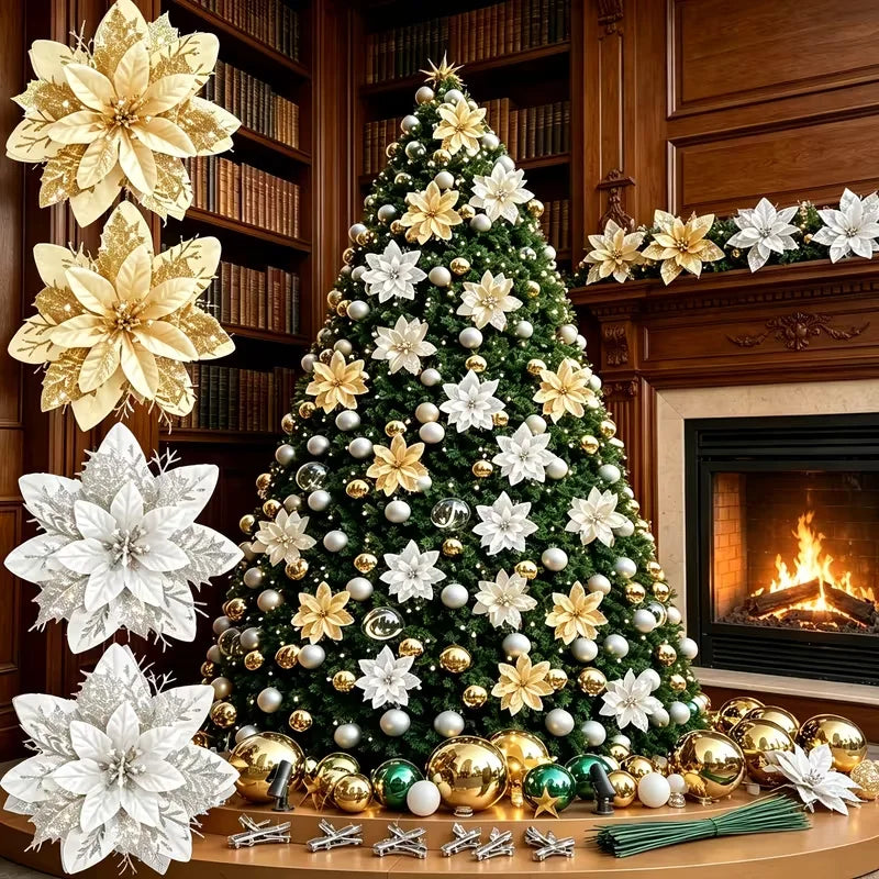 10Pcs Glitter Christmas Poinsettia Flowers,14cm/5.51in Artificial Red Gold Poinsettia Ornaments with Clips & Iron Wire,Xmas Tree
