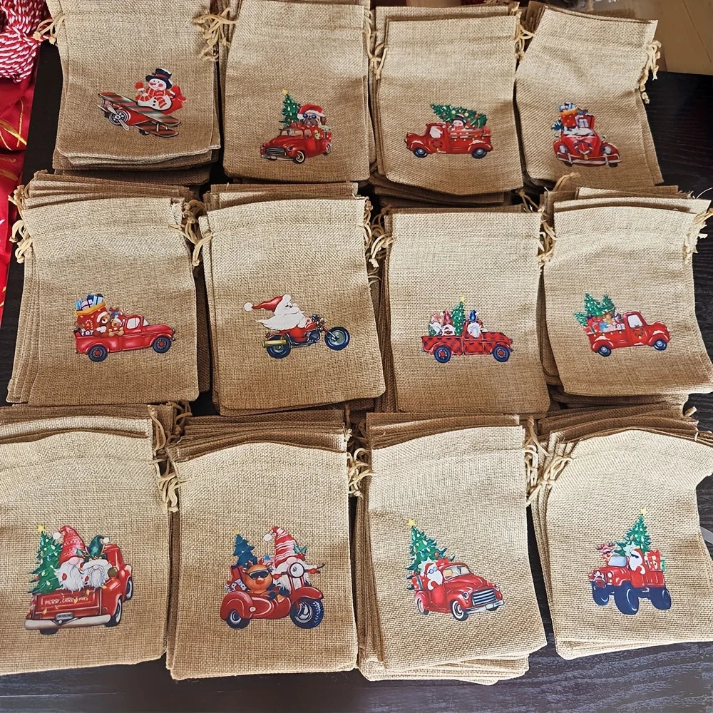 12Pcs Retro Red Truck Christmas Drawstring Pockets, Various Christmas Element Carriers, Painted and Printed Fabric Small Bags