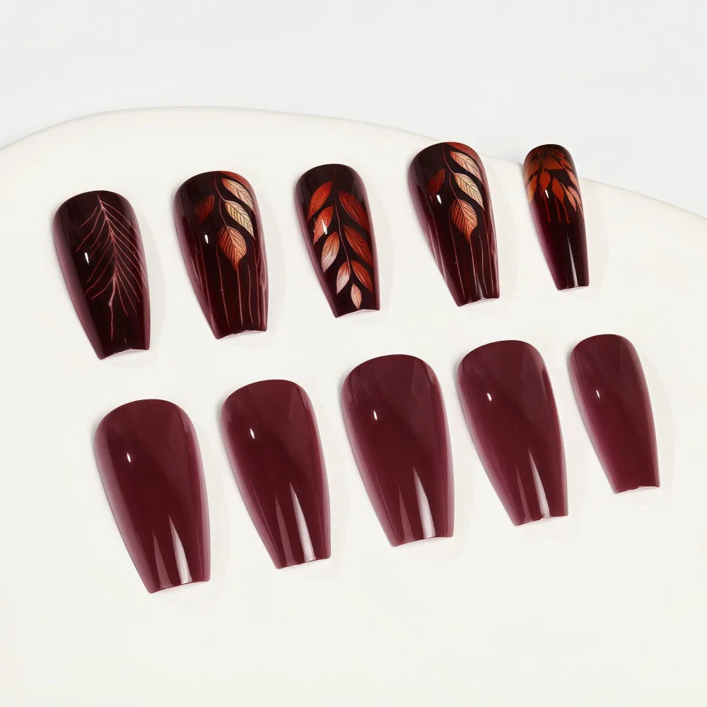 Medium long fake nails for women gilrs gradient brown coffee flora leaf design reusable full over press on Artificial Nails set
