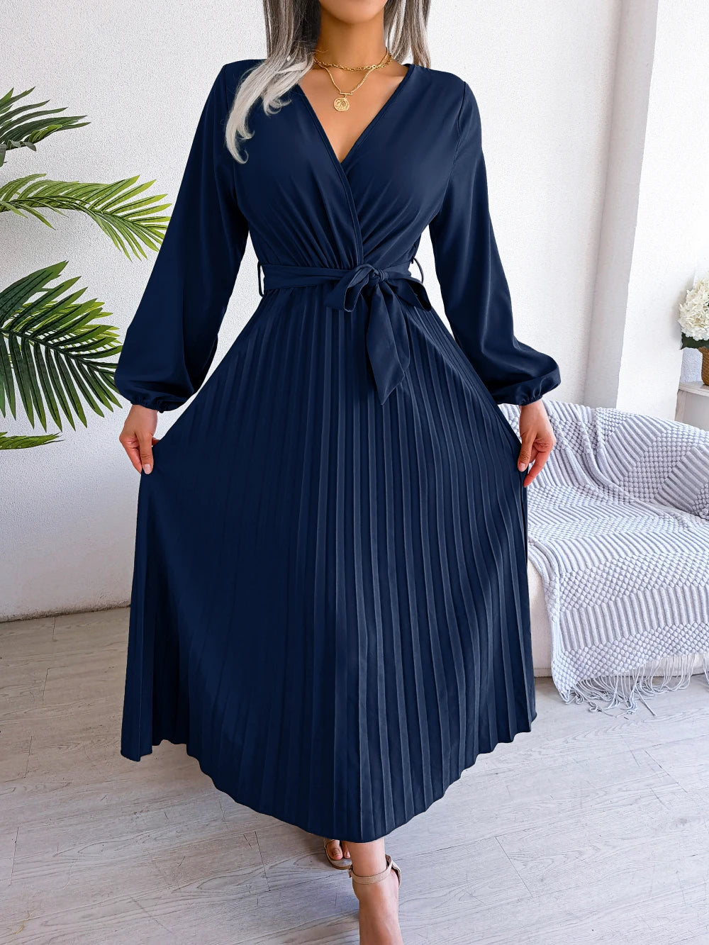 Women Elegant V Neck Long Sleeve Pleated Maxi Dress