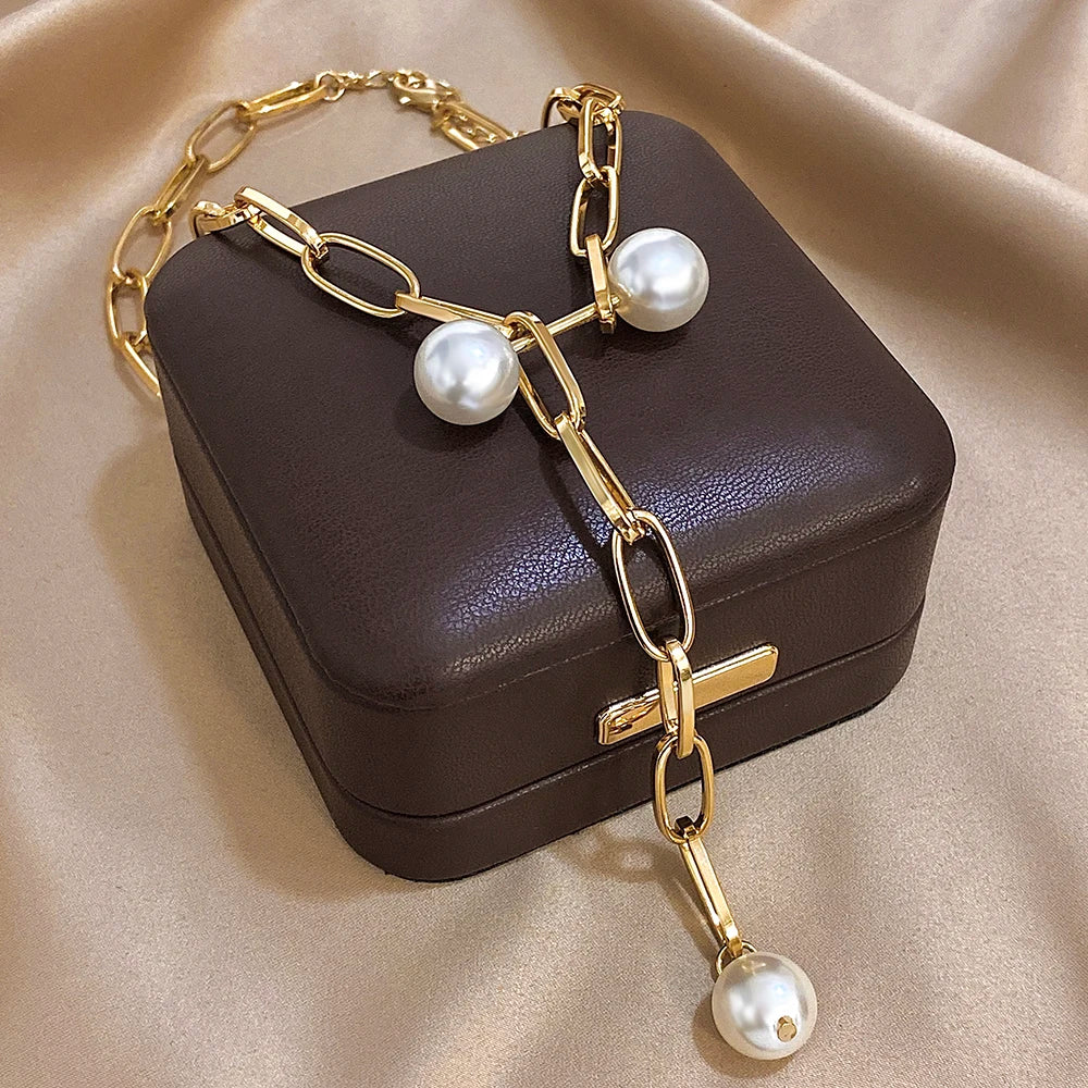 Trendy Women's Necklace Gold Color Metal Long Chain Pearl Round Beads Pendant Necklace Statement Party Daily Jewelry Gift