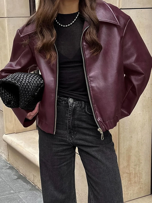 Vintage PU Leather Bomber Jacket Women's Long Sleeve Lapel Zipper Crop Loose Fit Coat Autumn Winter Female High Street Outerwear