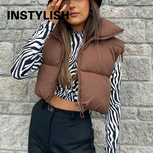Women Cropped Puffer Vest Sleeveless Stand Collar Zip Up Drawstring Hem Padded Casual Winter Warm Short Waistcoat Outerwear