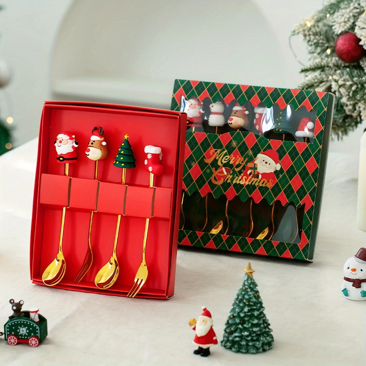 1Set Creative Christmas Fork And Spoon Set Stainless Steel Tableware Coffee Tea Dessert Forks And Spoons Gift Set