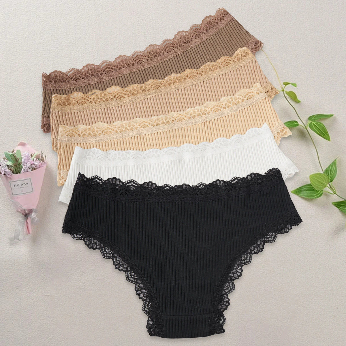5PCS/Set Comfort Cotton Ribbed Panties Women Sexy Low Waist Briefs Seamless Underwear Lace Trim Bow Design Girls Pantys