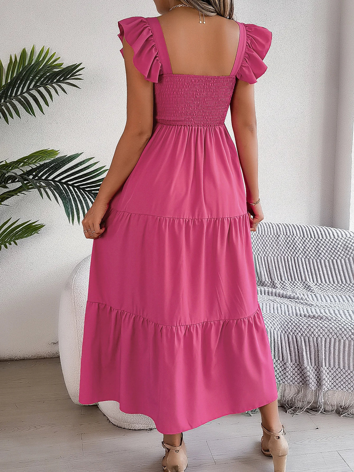 Spring Summer Solid Color Edible Tree Fungus Edge Square Neck Sleeveless Holiday Dress Elegant Long Dresses for Women Rose Blue