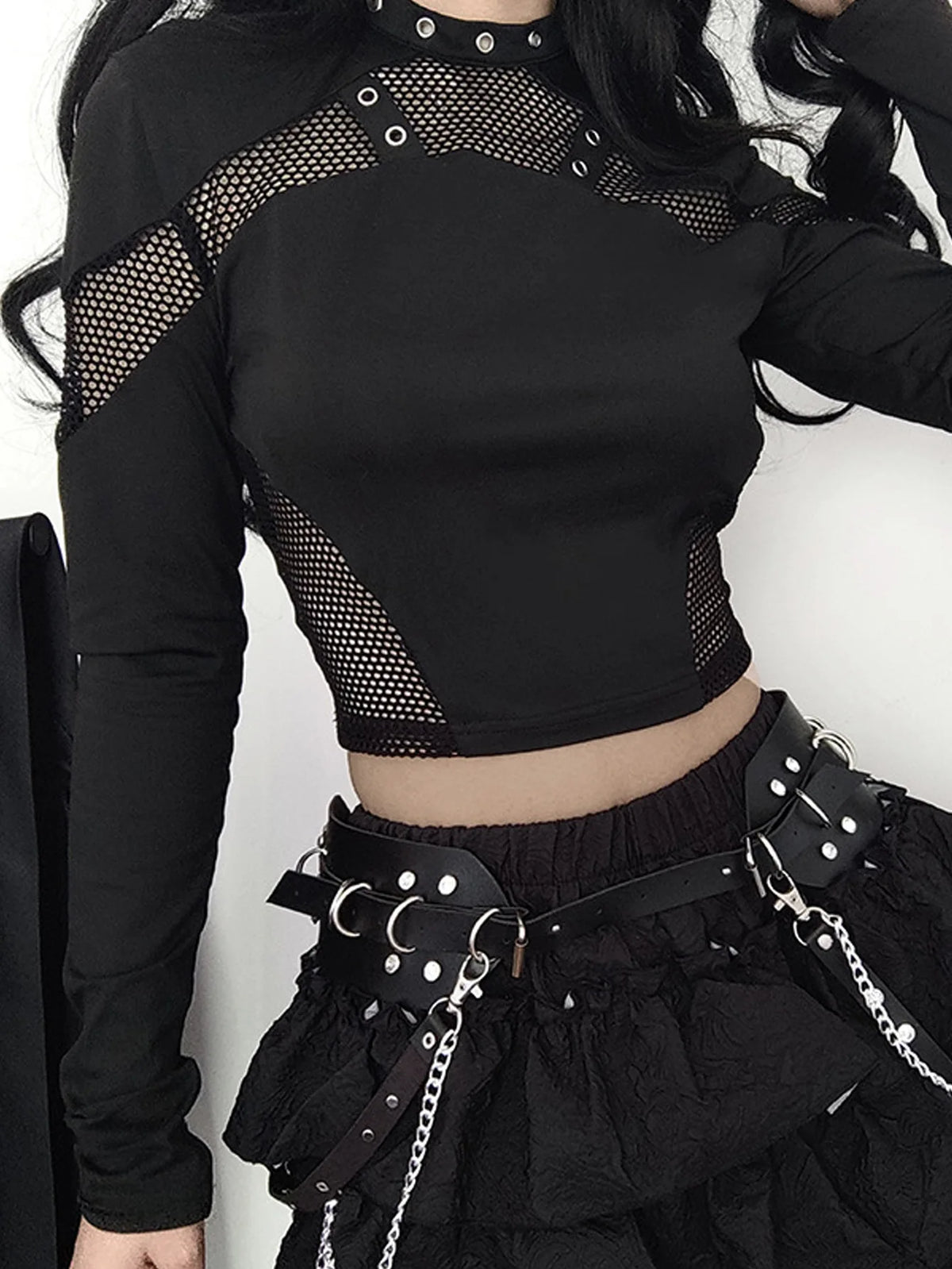BKLD Spring And Autumn Punk Halloween Fashion Hollow Out Long Sleeve Tops Mesh Patchwork Solid Color T-Shirts Y2K Clothes Women