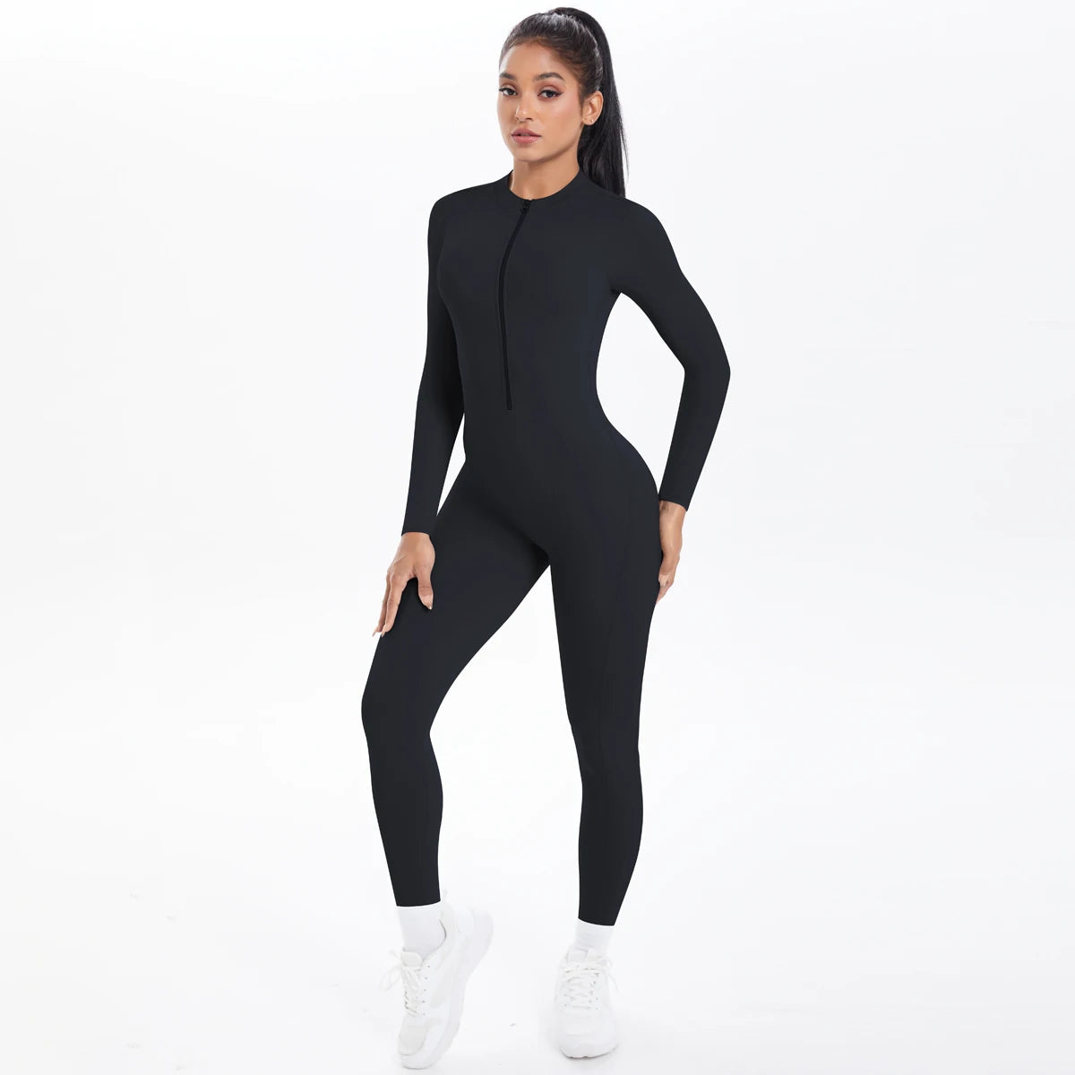 Solid Color Backless Yoga Bodysuits Women's Sportswear Stretch Bodysuit For Women Long Sleeves Jumpsuits Push Up Half Zipper Set