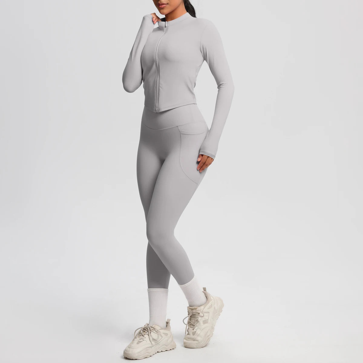 2PCS Yoga Suit Women Gym Set Leggings With Pocketed Women Tracksuit Running Zipper Workout Sportswear Long Sleeve Sports Shirt
