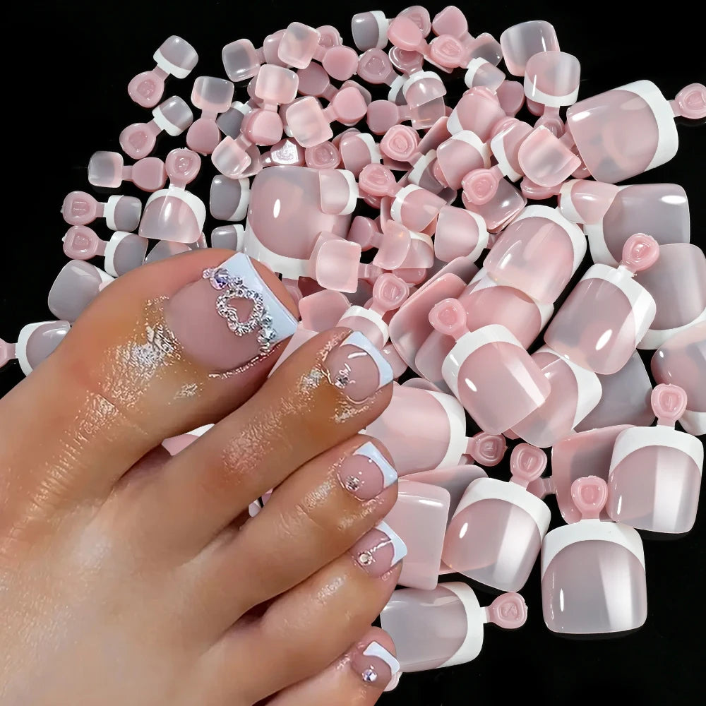 120/100Pcs French White Edge False Toe Nails Acrylic Short Square Full Cover Fake Toenails Summer Wearable Press on Toenails