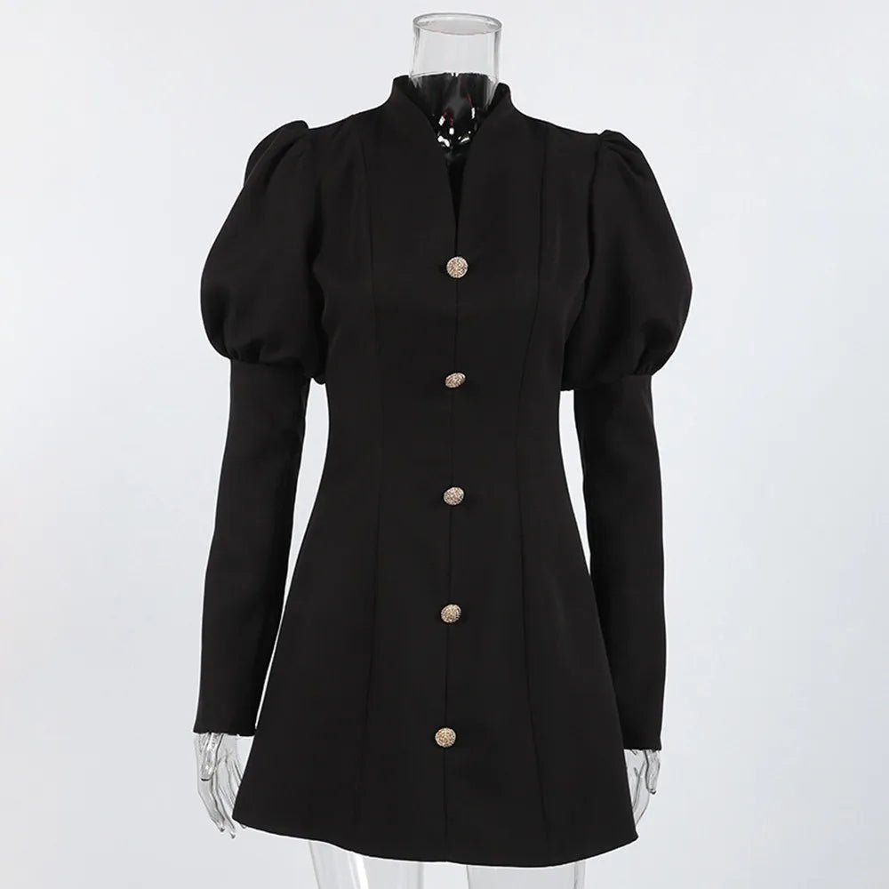 BKLD Hepburn Style Black A-Line Short Dresses Fashion Women's Clothing New V-Neck Puff Sleeve Single-Breasted Party Dress