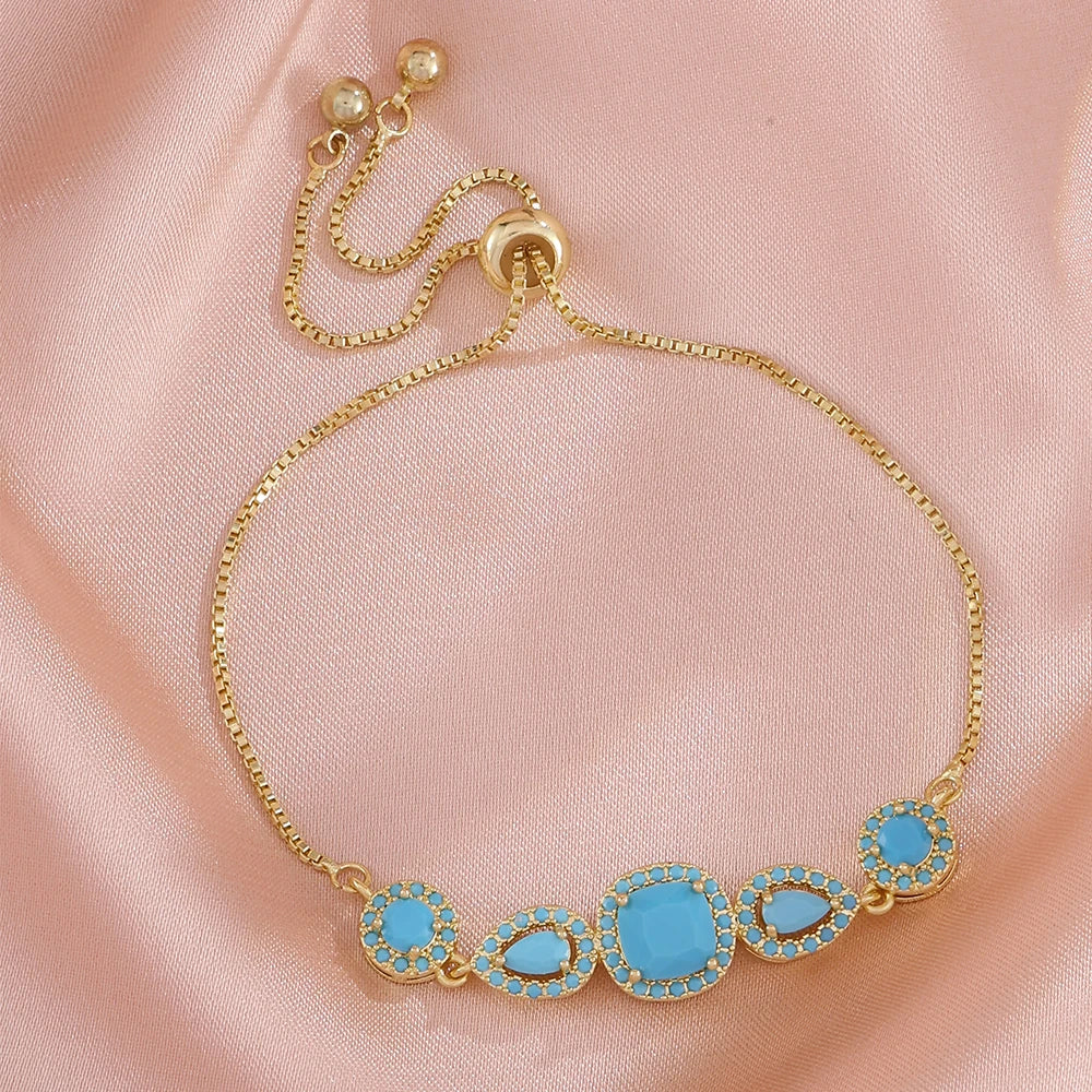 ZAKOL Gold Color Elegant Geometric Water Drop Turquoise Adjustable Chain Bracelet for Women Fashion Party Jewelry Gift