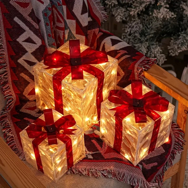 3Pcs Christmas Decorations - for Holiday Indoor Party Home, Christmas, Newyear,Party Events,Warm White Christmas Gift Box Lights
