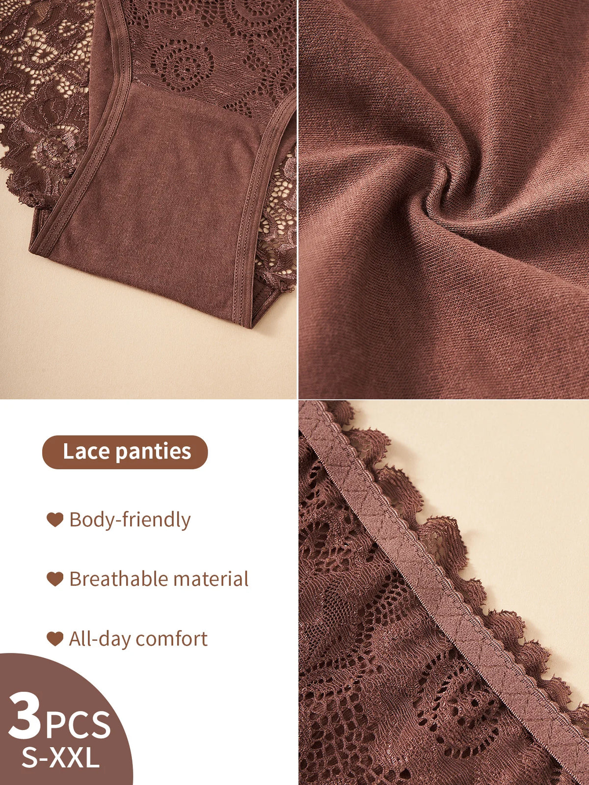 3PCS New Cotton Women's Panties Elegant Lace Floral Design Briefs Comfortable Fabric Solid Color Stylish & Breathable Underwear