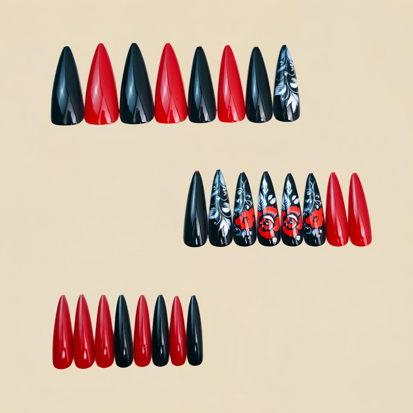 Medium long fake nails for women girl black red rose flowers for Valentine's Day waterdrop almond shape full cover press on nail