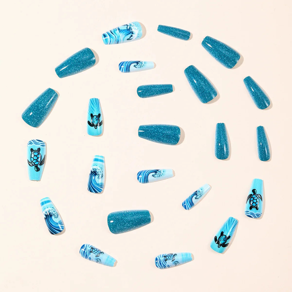 Medium fake nails for women gilrs gradient blue ocean sea tortoise shark design Square ballet nail tips press on false nail art