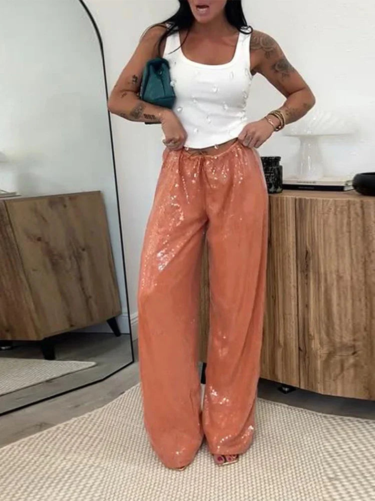 Summer Vacation Y2k Women's Sequined Pants Lady Chic High-Waist Lace Up Loose Fit Straight Mop Trouser Female Casual Streetwear